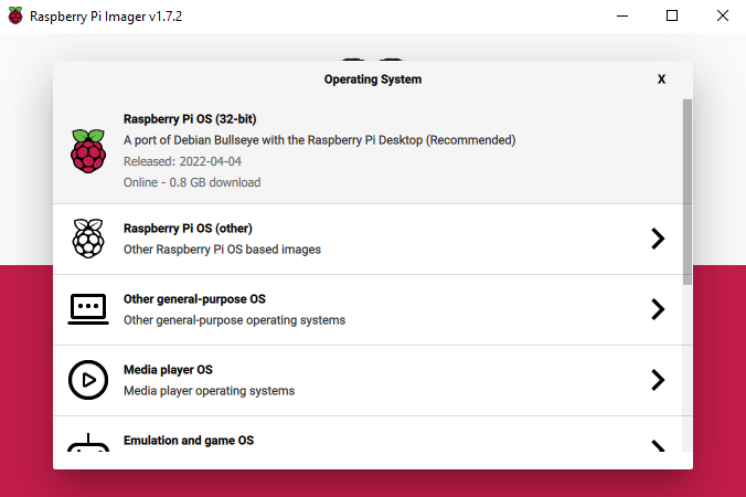 Raspberry Pi imager menu