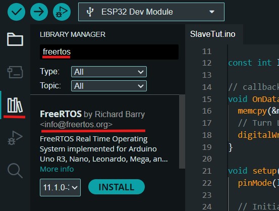 Install FreeRTOS library using Arduino IDE library manager