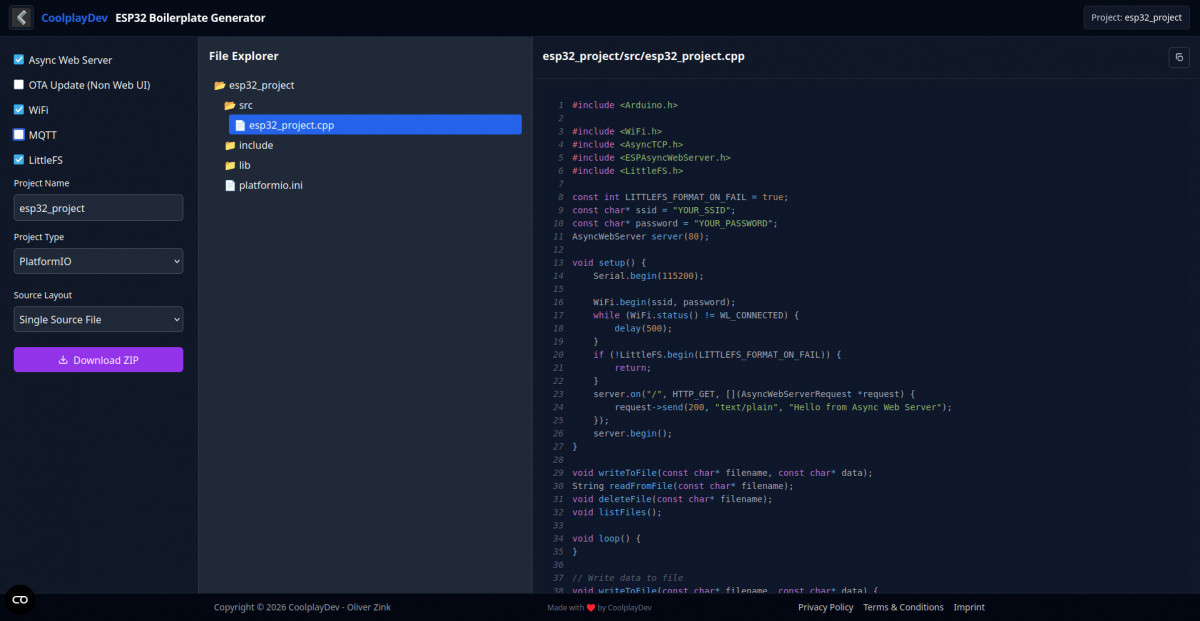 ESP32 Boilerplate Generator interface showing feature checkboxes, live file explorer and code preview